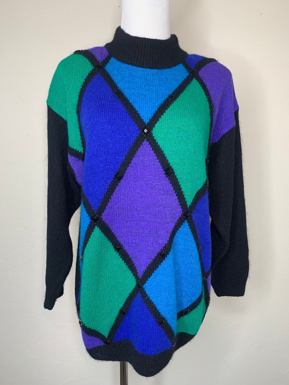 Vintage Silk Angora Blend Black Blue Diamond Beaded Sweater Sz Large